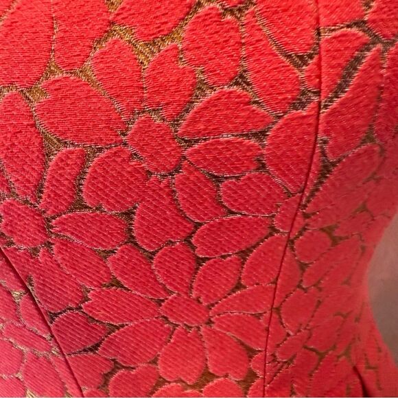 Shoshanna Dress Size 2 Red Gold Damask Pockets Metallic Corset Fit Flare - Picture 5 of 8
